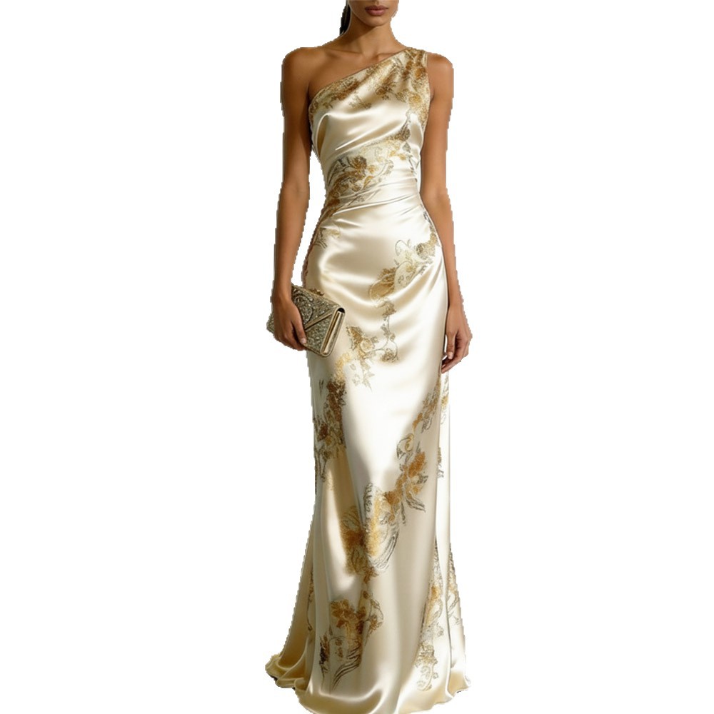 Elegant One-Shoulder Asymmetric Neckline Floral Print Bodycon Midi Dress