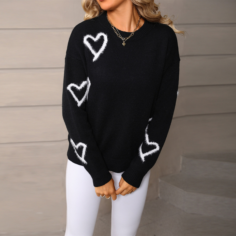 Heart Pattern Crewneck Pullover Sweater Plus Size Knit Top