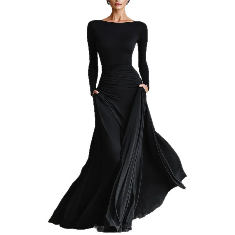 Solid Color Wrap Boat Neck Slimming Dress