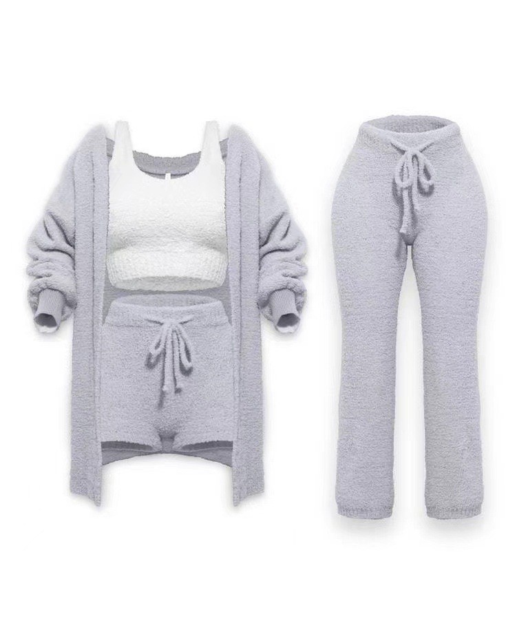 Knit Plush Long-Sleeve Cardigan, Vest & Shorts 4-Piece and 3-Piece Set