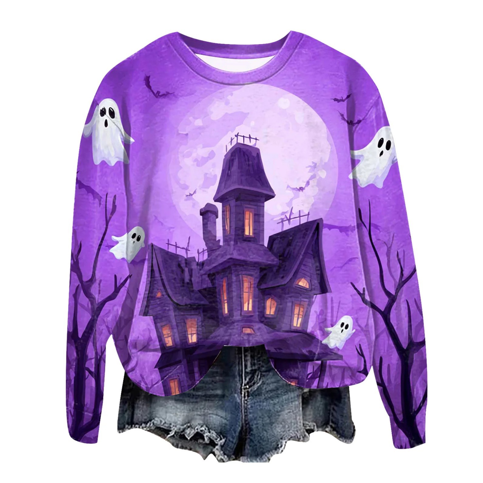Women's Halloween Cross Castle Ghost Wolf Print Crewneck Sweatshirt