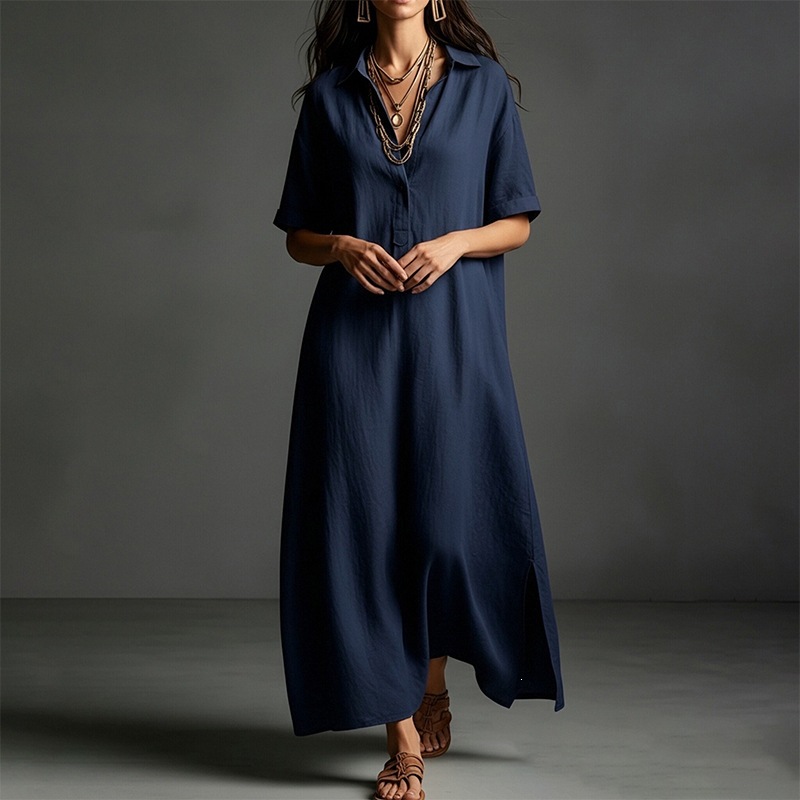 Women's Casual Solid Color Short Sleeve Collared Long Dress