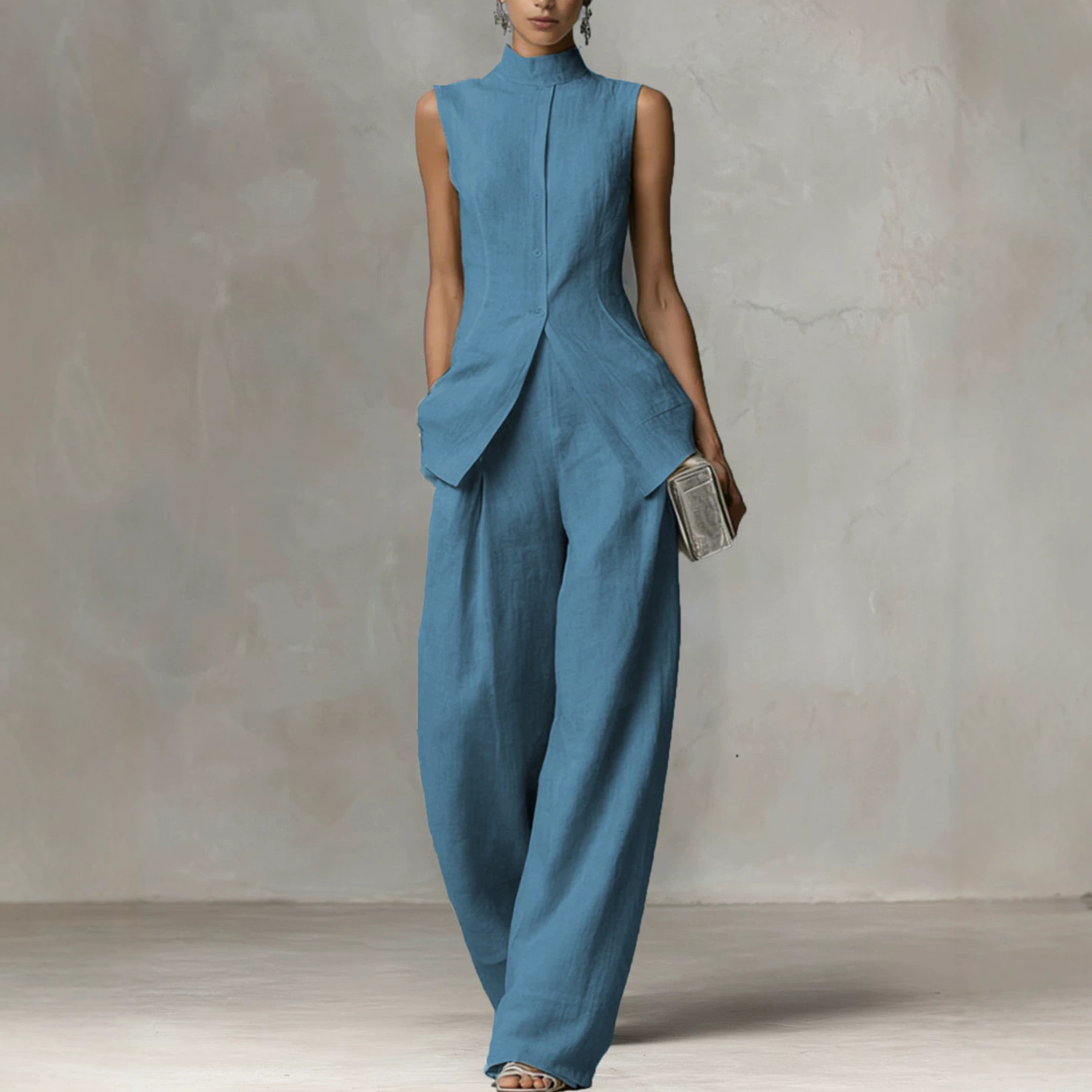 Women's Sleeveless Shirt and Pants Set with Drape, Casual Chic Two-Piece Outfit