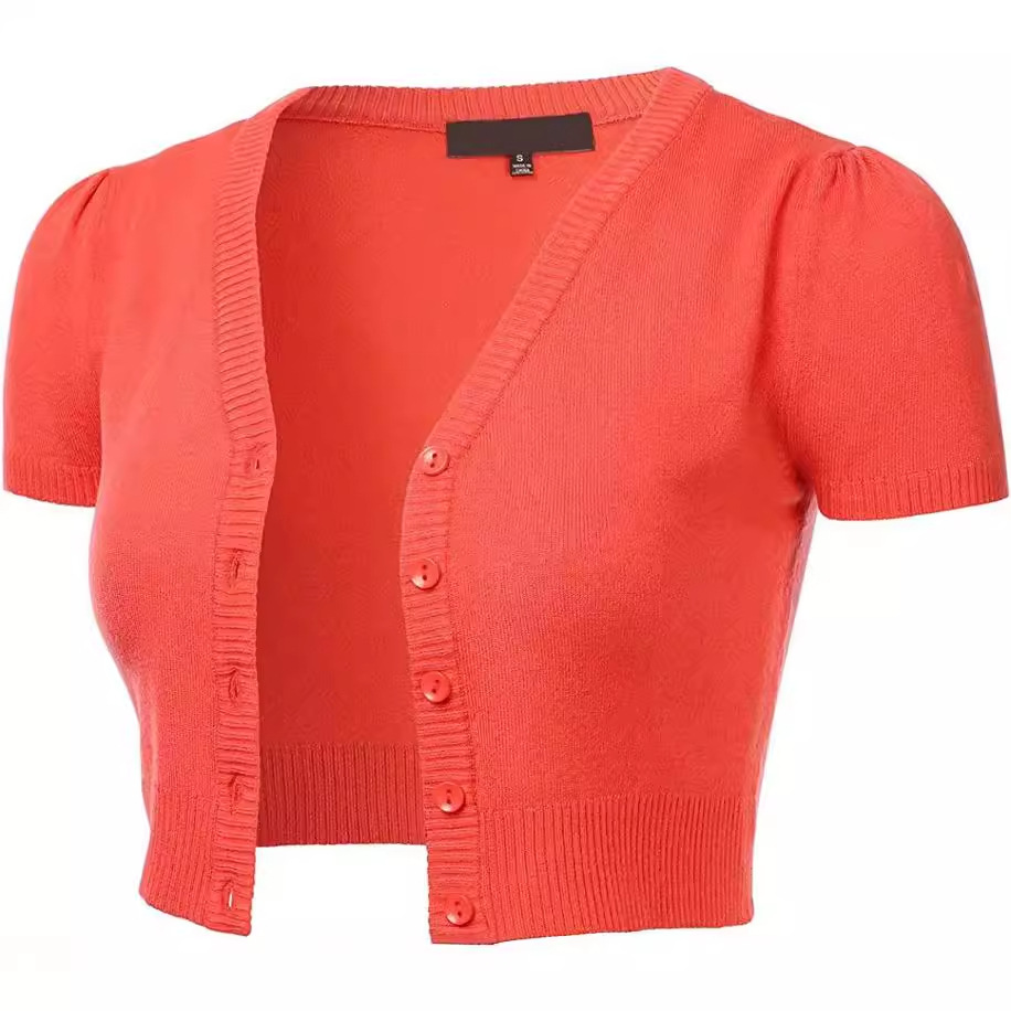 Short Solid V-Neck Button-Front Cardigan Top