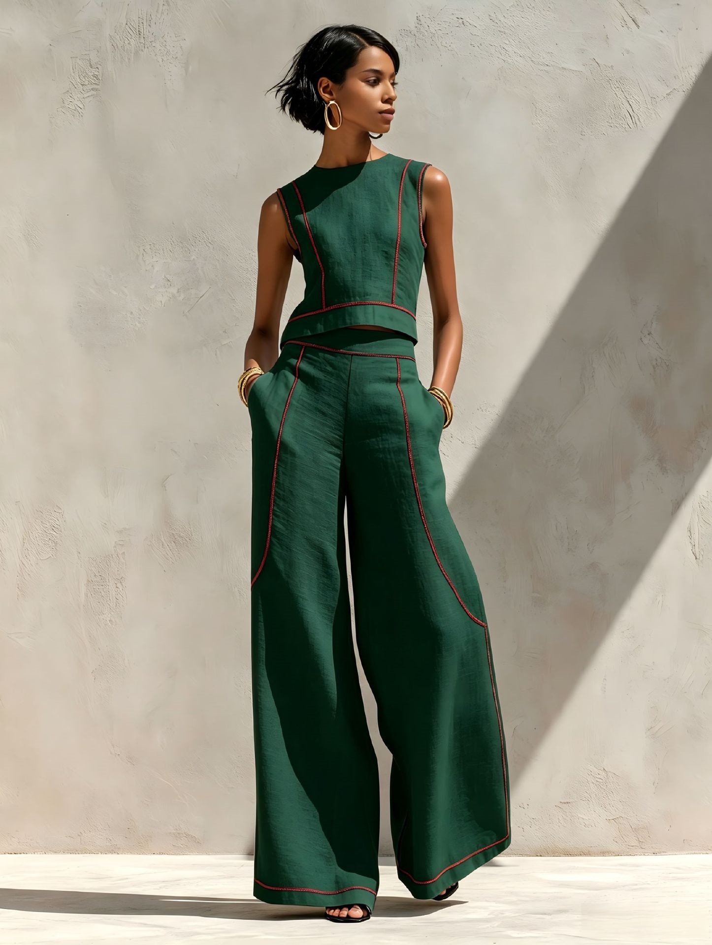 Women's Sleeveless Colorblock Wide-Leg Pants Set Casual Two-Piece