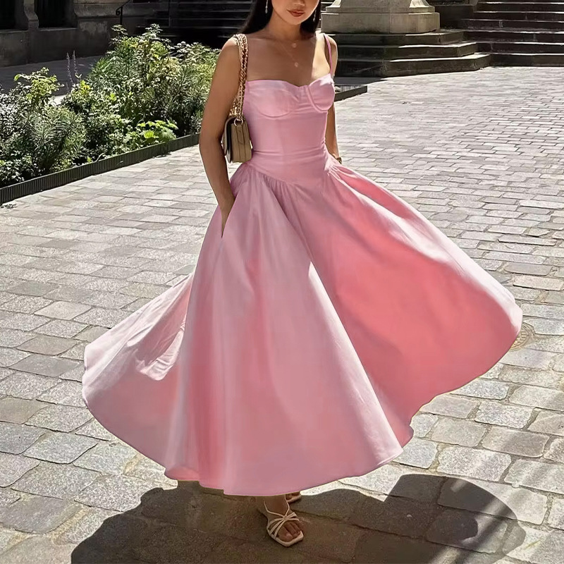 Women's Sleeveless Spaghetti Strap French Dress with Waist