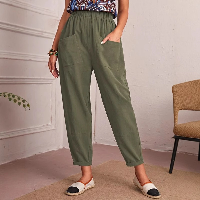 Women's Cotton-Linen Cropped Pants with Elastic Waist and Slant Pockets