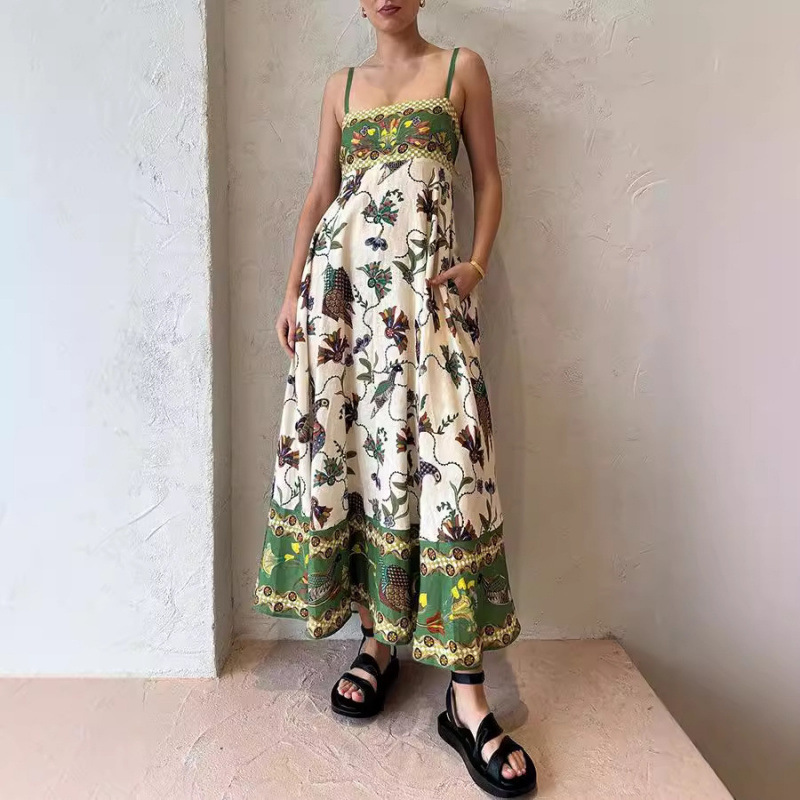 Women's Sleeveless Printed Linen Maxi Dress with Flowy Skirt