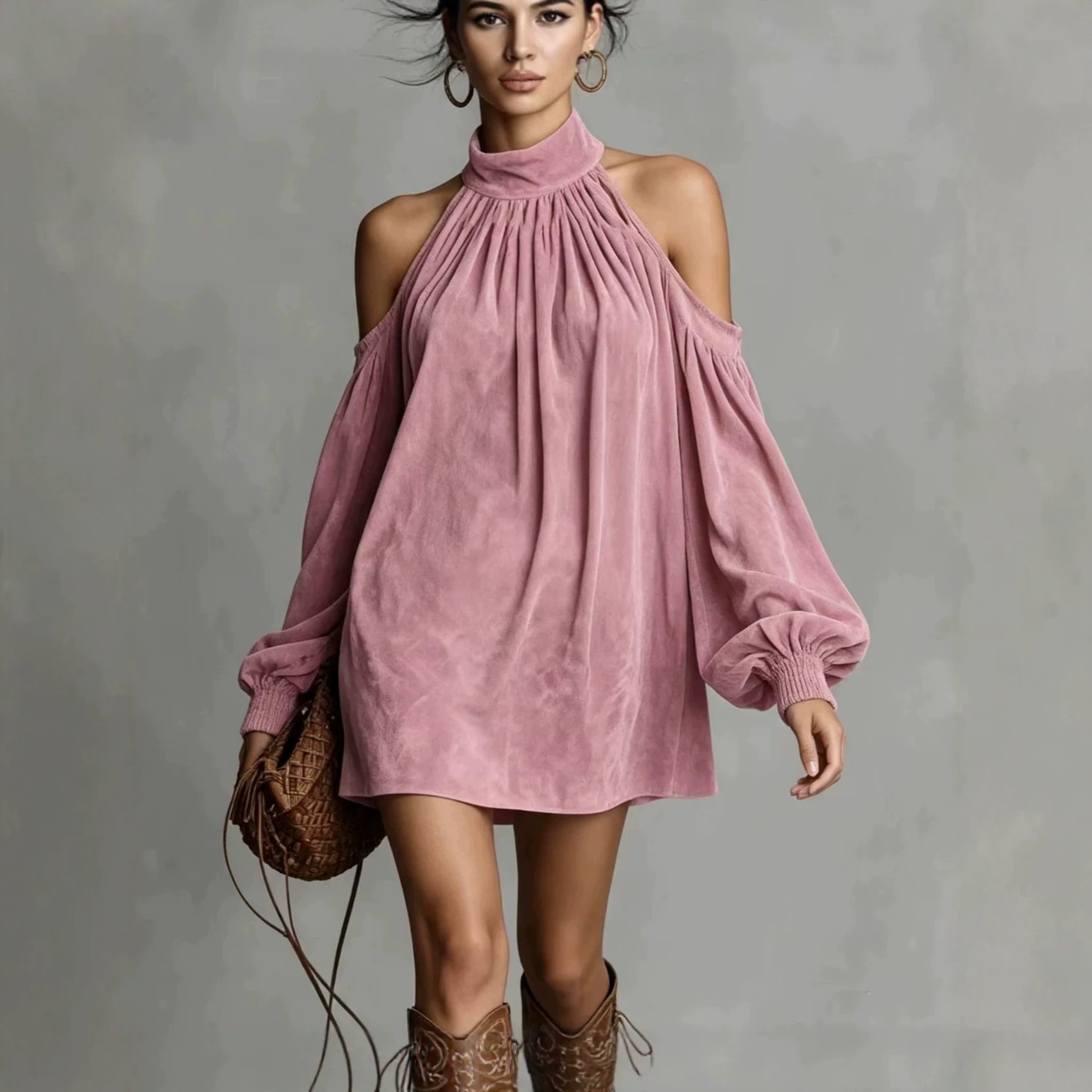Women's Faux Suede Halter Mini Dress with Lantern Sleeves