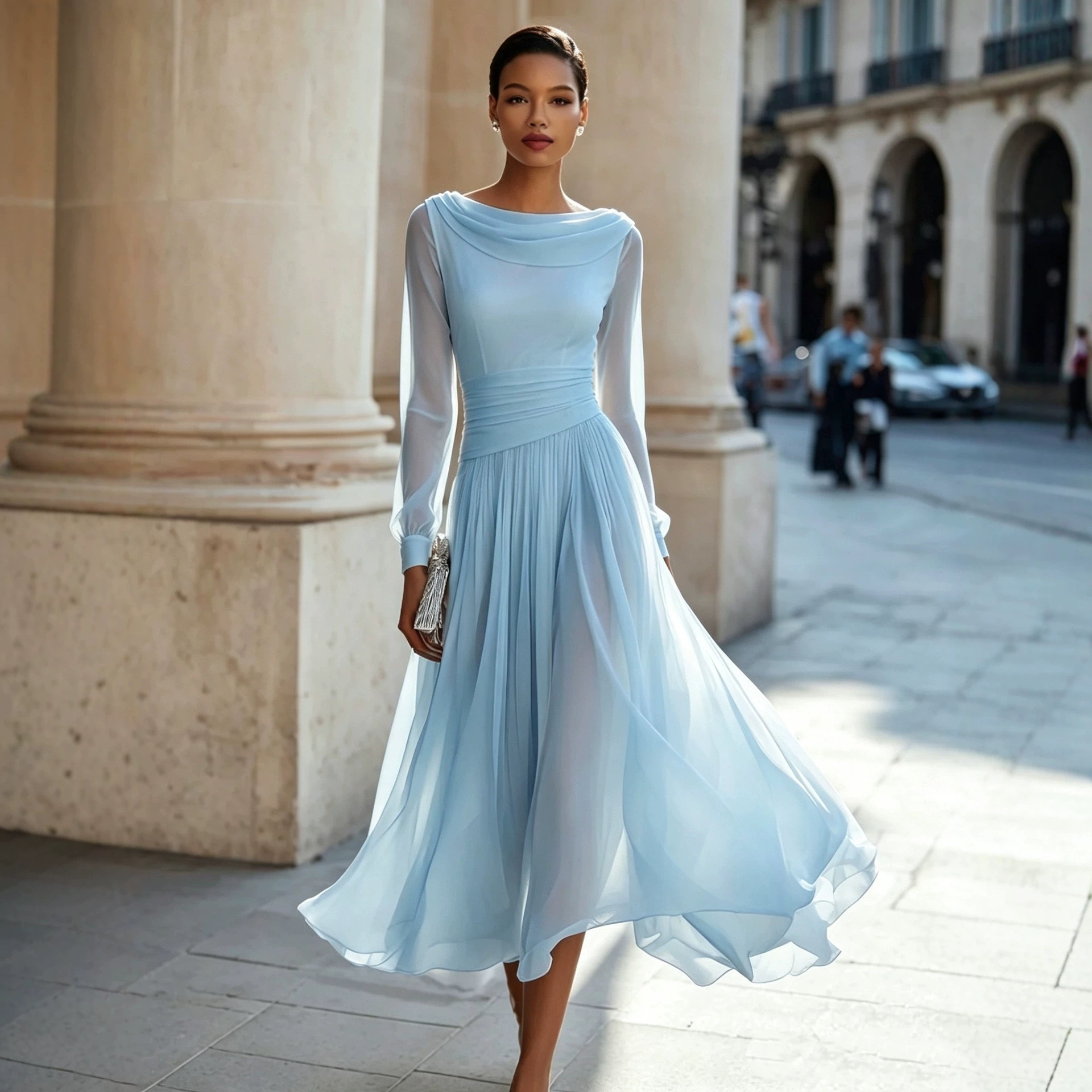 Elegant Cowl Neck Long Sleeve Midi Dress