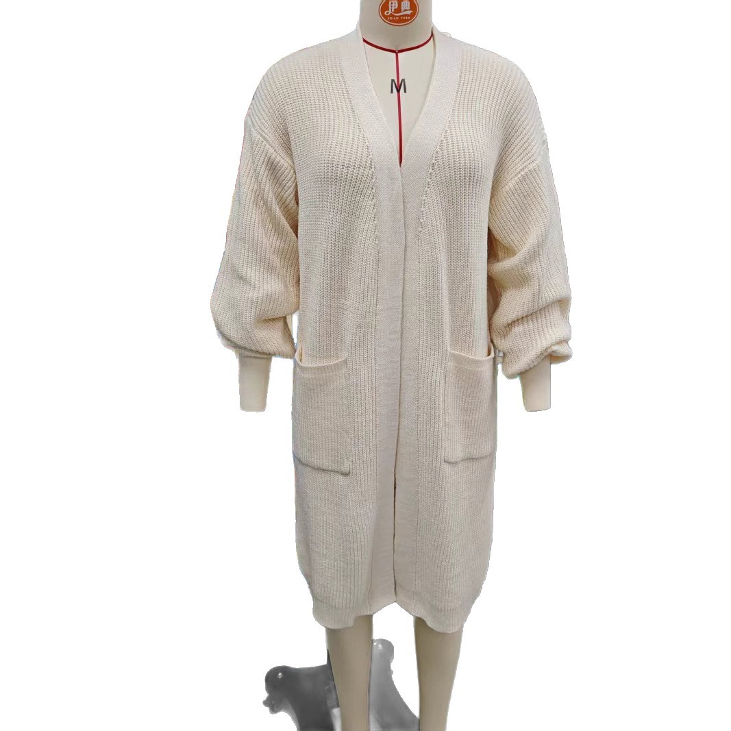 Women's Solid Color Pocket Open-Front Long Knit Cardigan Sweater Coat