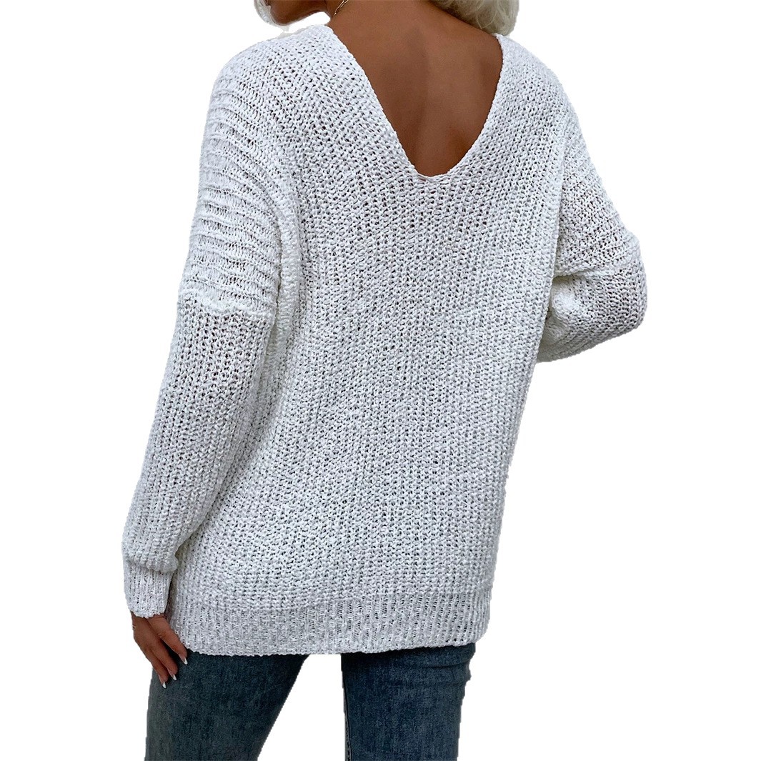 V-Neck Fuzzy Knit Pullover Sweater Solid Color