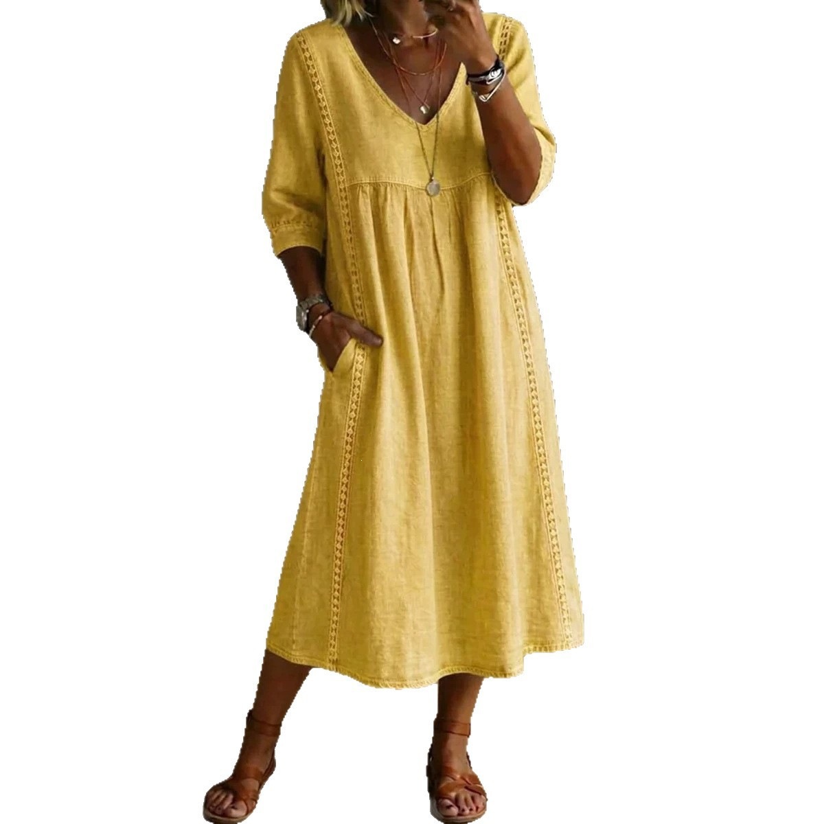 2026 Amazon New Summer European American Cotton Linen V-Neck Loose Slimming Seven-Tenths Sleeve Midi Women's Dress