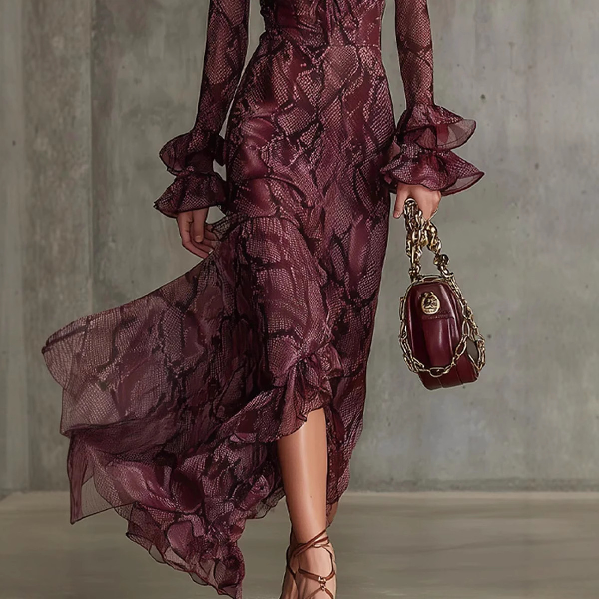 Women's Flare-Sleeve Tie V-Neck Long Dress