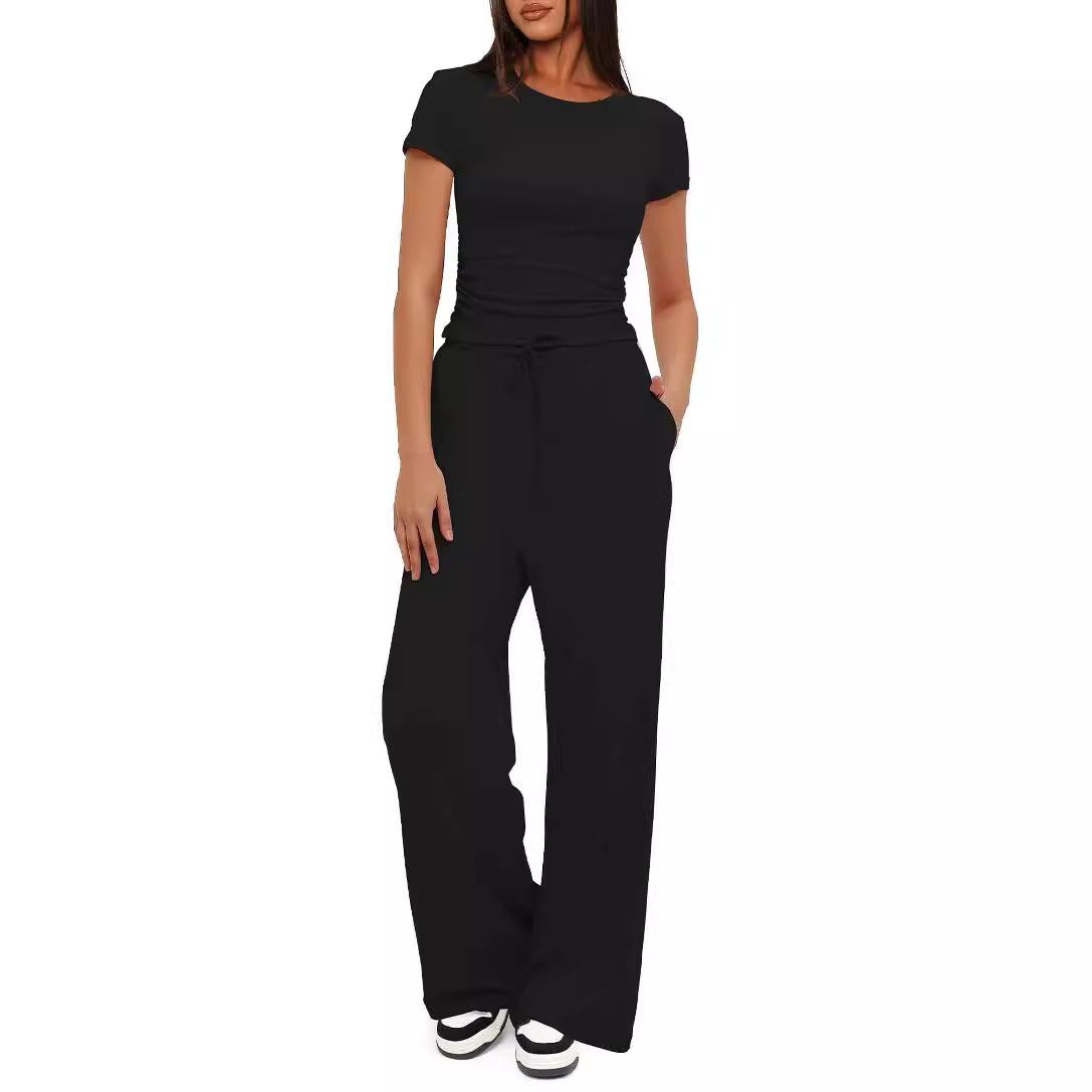 Solid Ruched Short Sleeve Top and High Waist Wide Leg Pants Set