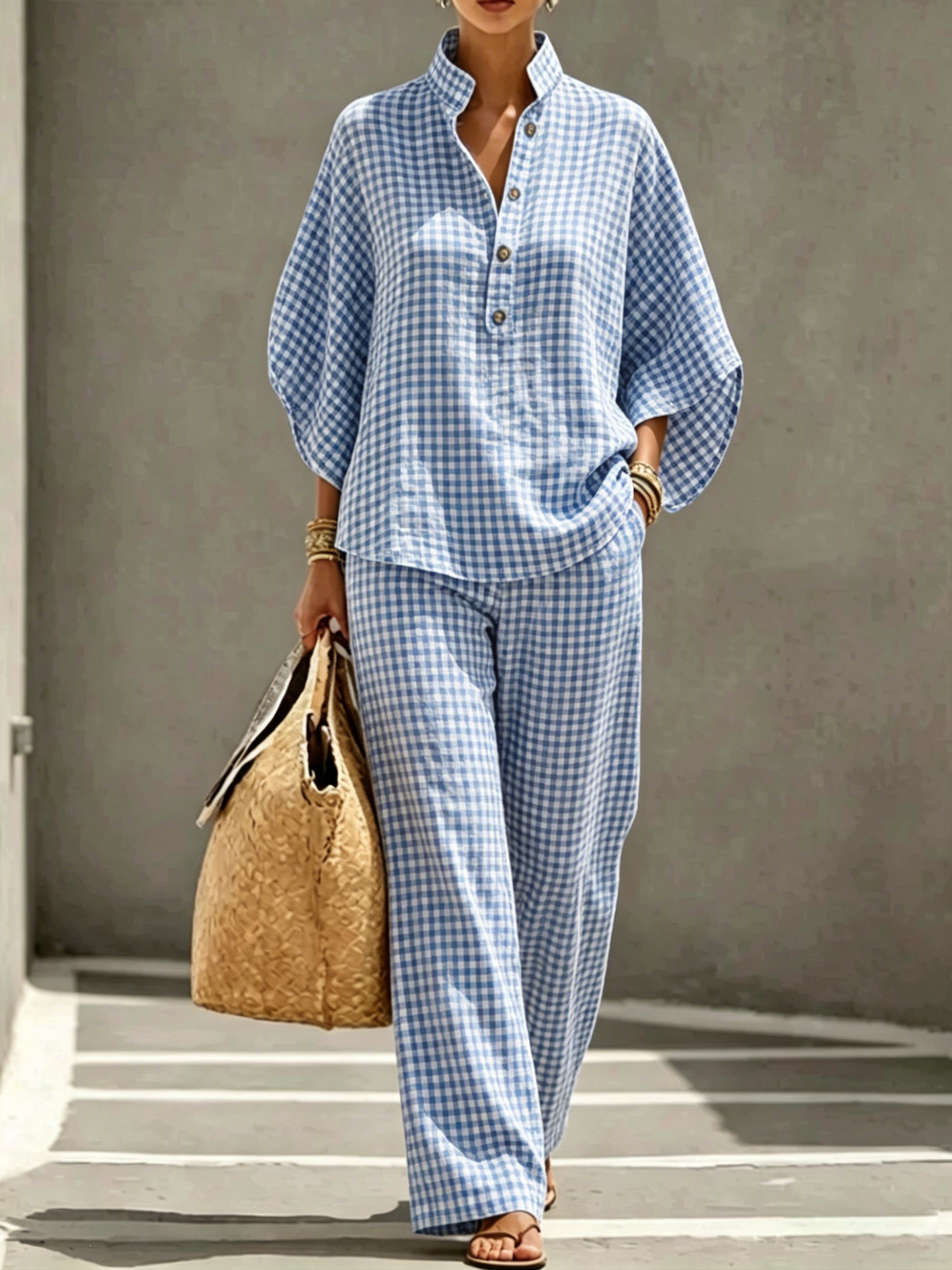 Women's Striped Plaid Print Long Sleeve Button Collared Top Set