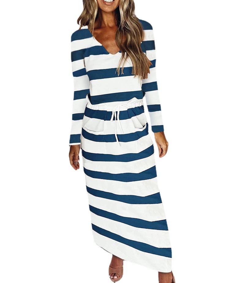 Women's V-Neck Striped Print Long Sleeve Loose Long Dress