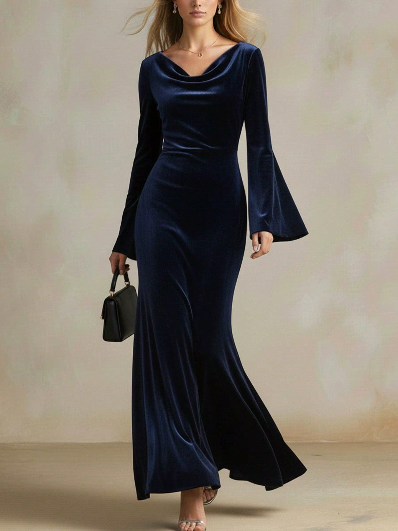 Velvet Waist-Cinching Flare-Sleeve Long Dress