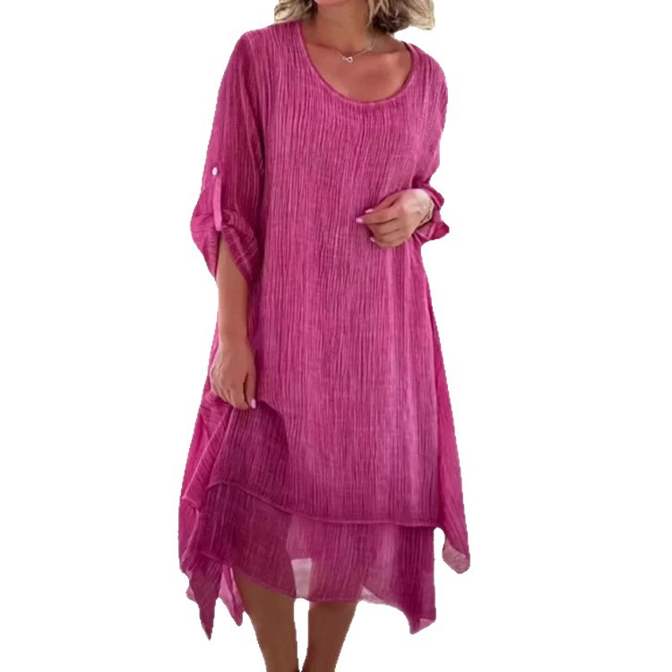 Women's Round Neck Asymmetrical Hem Solid Color Flowy Midi Dress