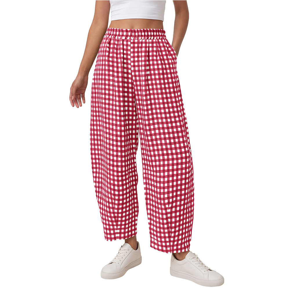 Plaid High-Waist Wide-Leg Cropped Pants with Pockets