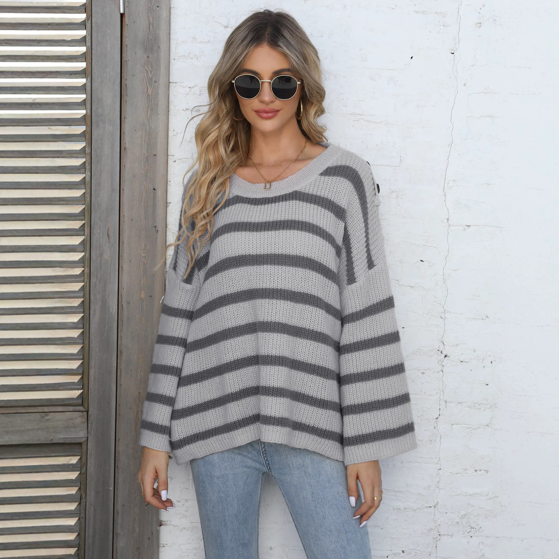 Women's Striped Colorblock Button-Trim Bell-Sleeve Sweater