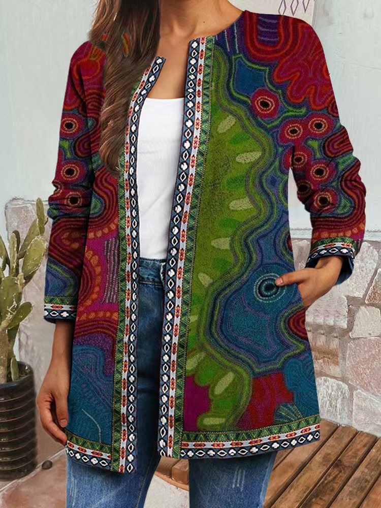 9432# Women's Vintage Ethnic Print Long Sleeve Open Front Jacket Cardigan