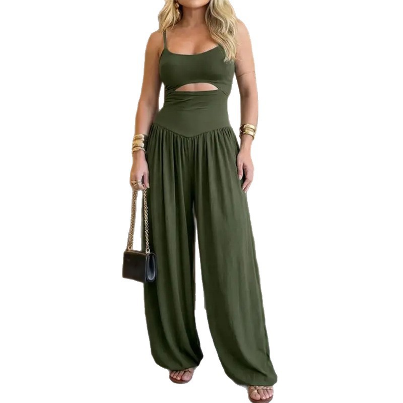 Women's Summer Sleeveless Wide-Leg Jumpsuit with Cinched Waist Solid Color