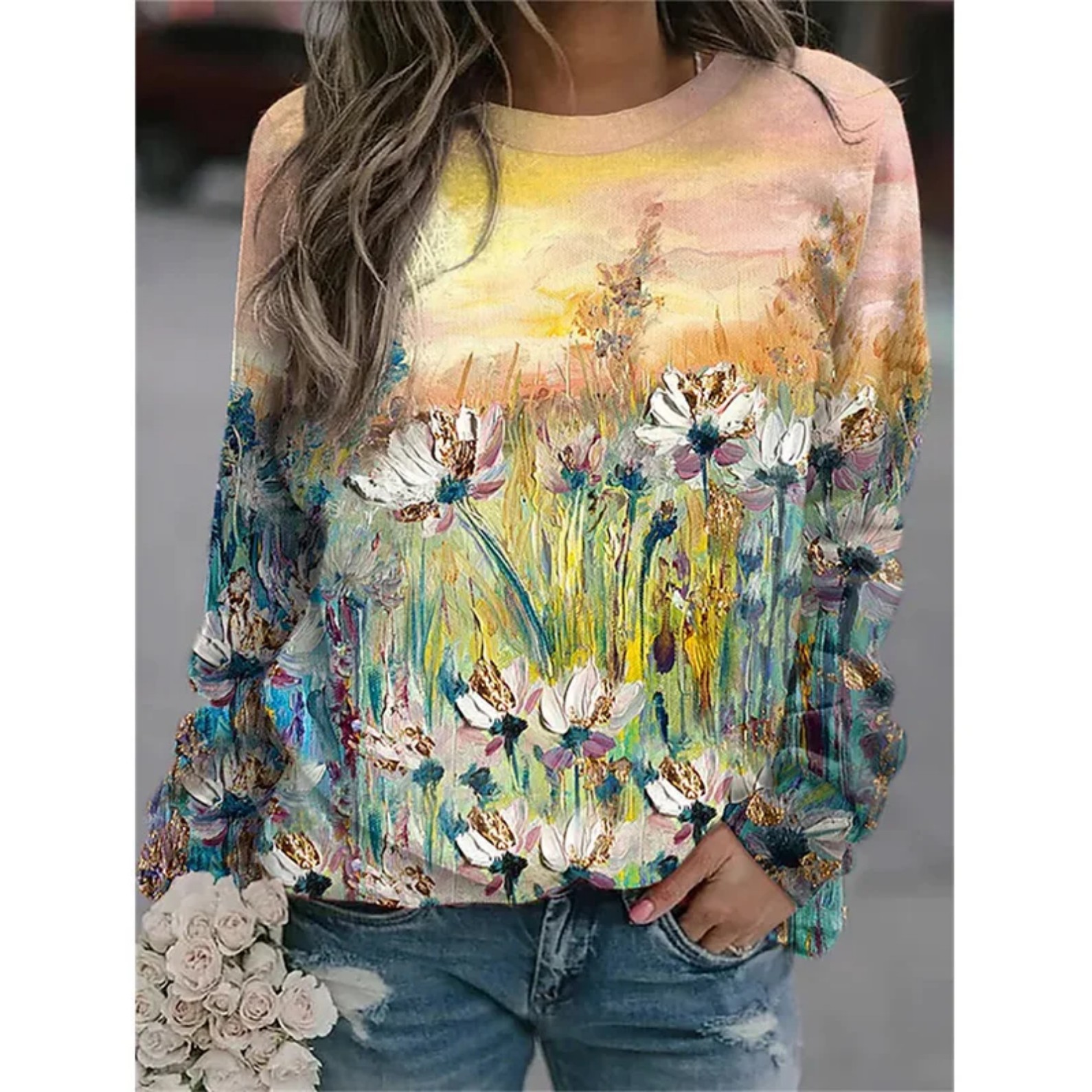 Women's Floral Print Crewneck Sweatshirt