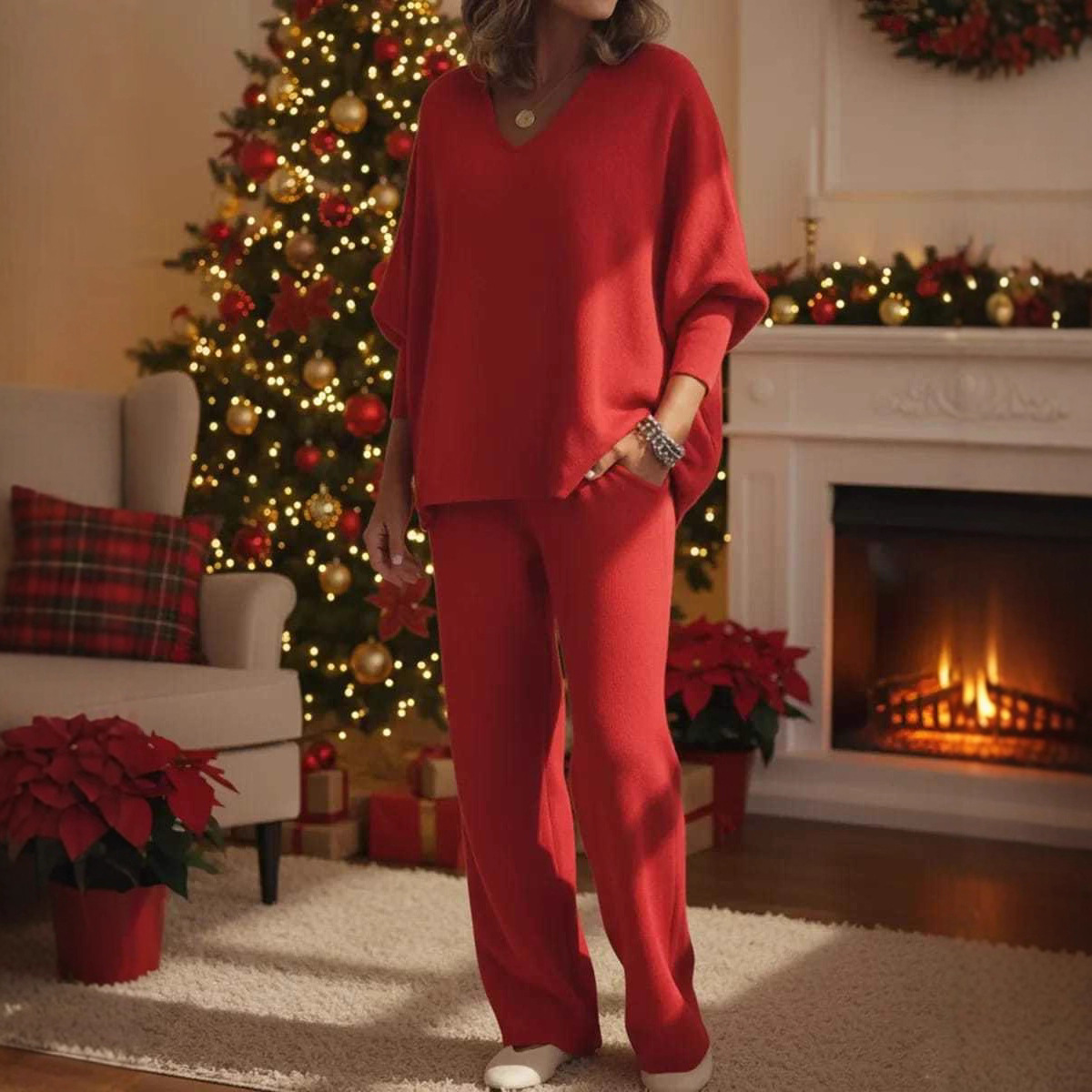 V-Neck Long Sleeve Knit Top and Pants Lounge Set for Women