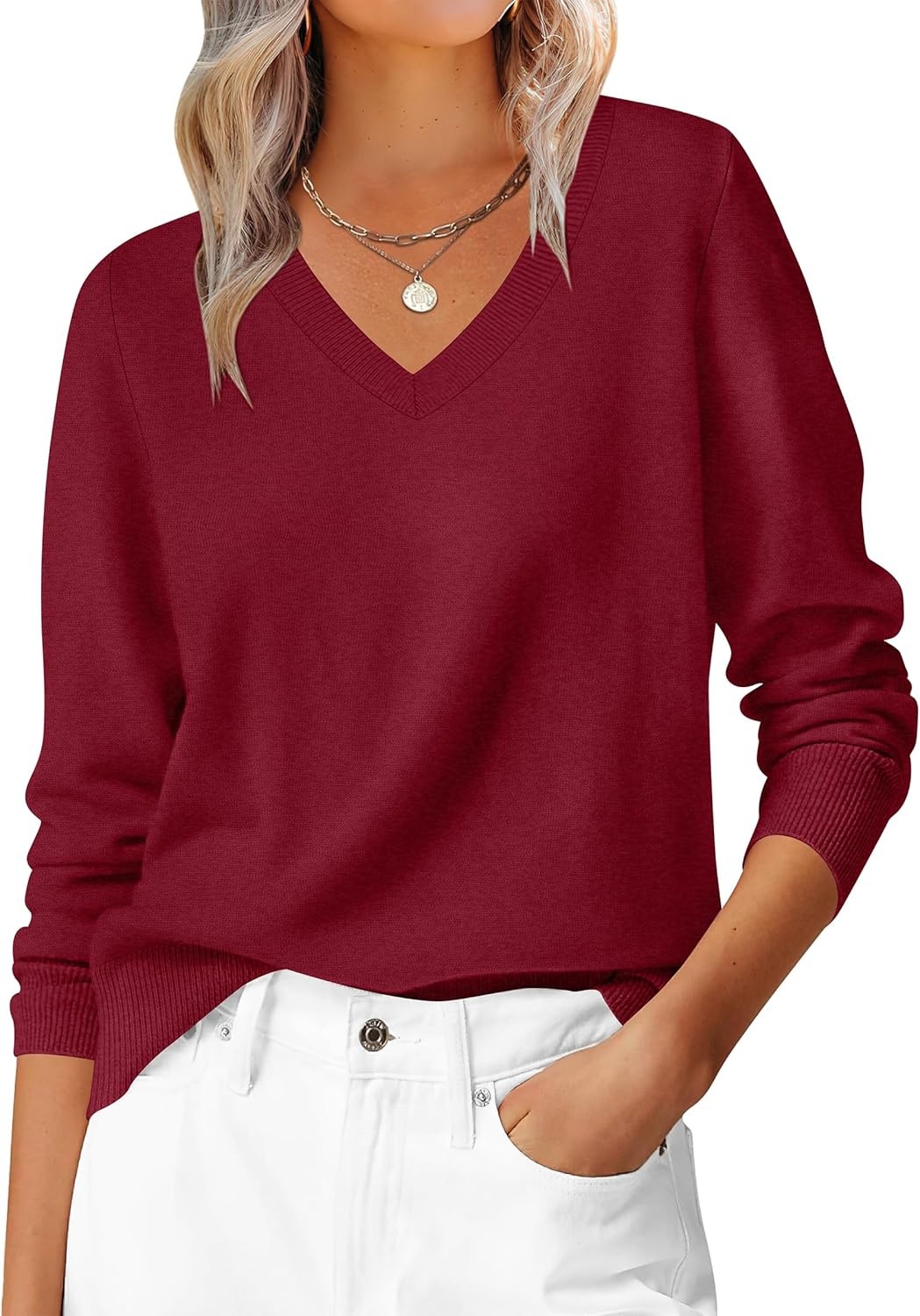 Women's Long Sleeve V-Neck Sweater Soft Loose Pullover Classic Casual