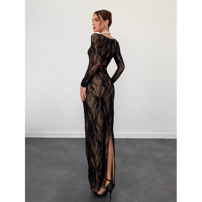 Elegant Square Neck Lace Trim Long Sleeve Bodycon Maxi Dress