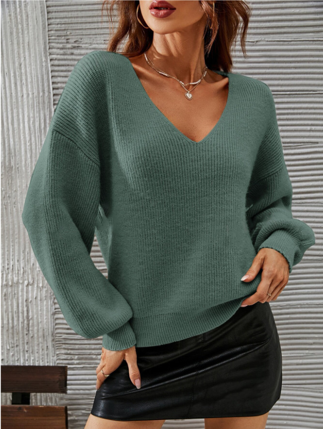 V-Neck Long-Sleeve Solid Knit Sweater