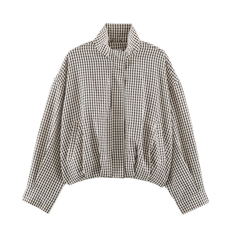 Women's Casual Plaid Zip-Up Jacket with Stand Collar and Long Sleeves