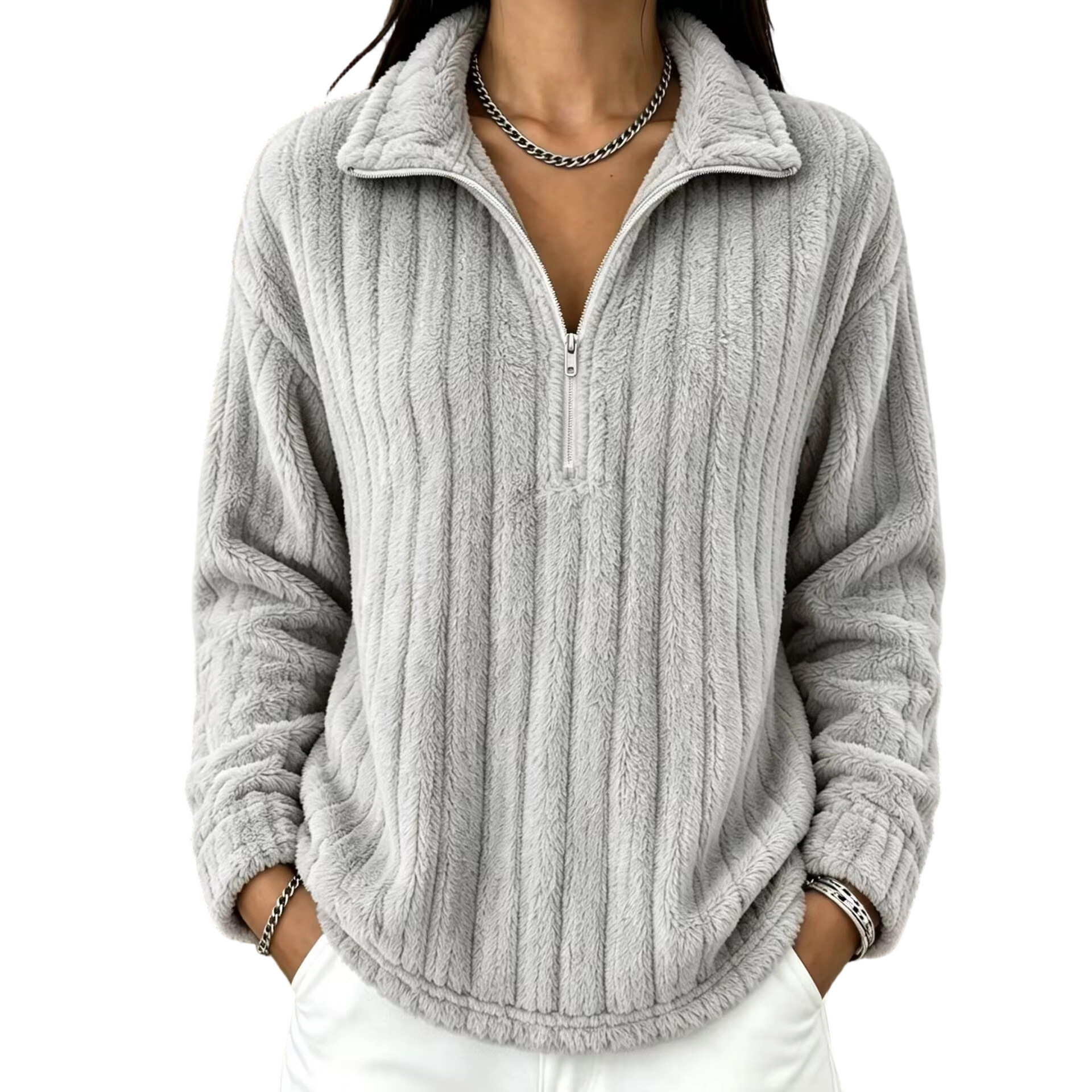 Ribbed Fleece Zip-Up Collared Long-Sleeve Sweatshirt