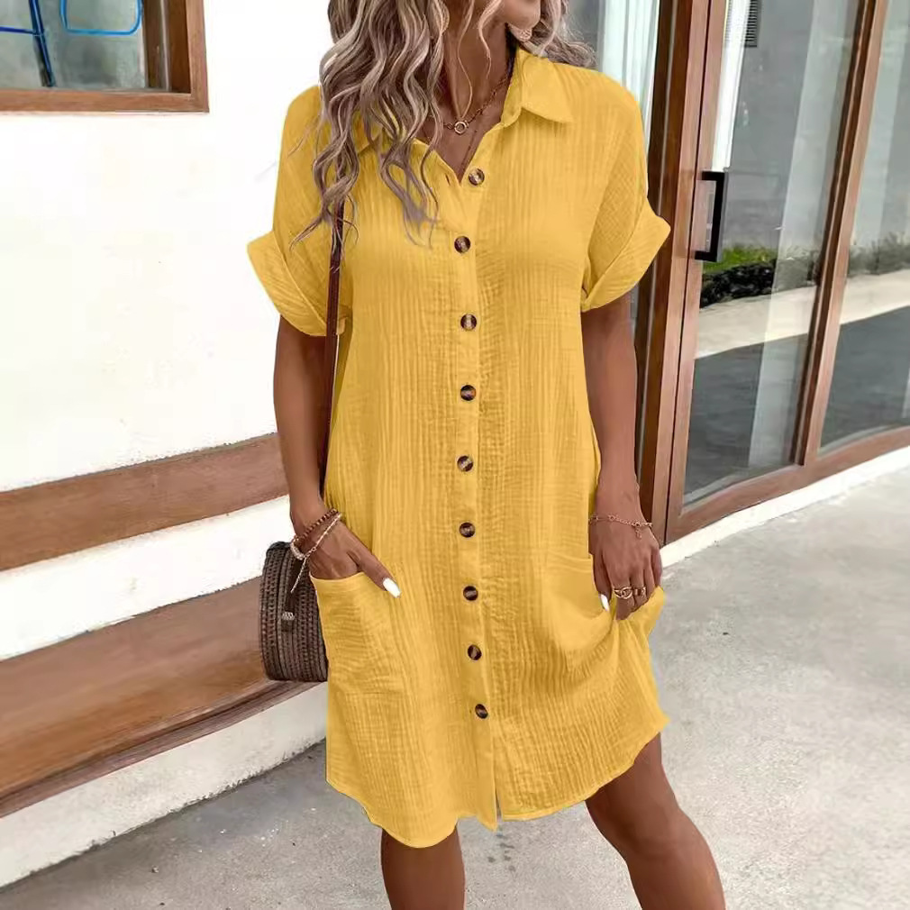 V-Neck Button Cotton-Linen Shirt Dress Women's Casual Vacation Dress