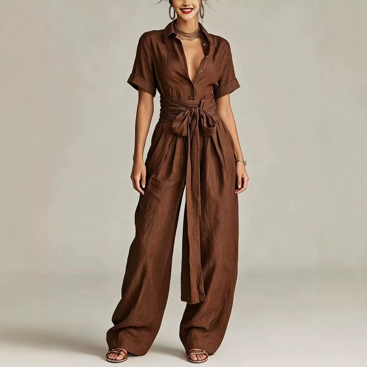 Women's Solid High-Waist Short-Sleeve Jumpsuit Casual Loose Straight-Leg