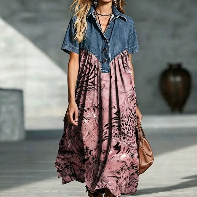 Retro Denim Patchwork Print Loose Casual Dress