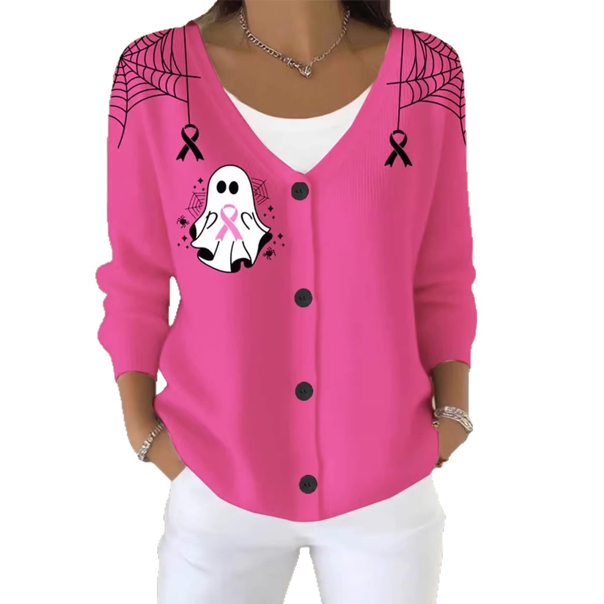 Women's Pet Print Ribbon Ghost Button Cardigan Sweater