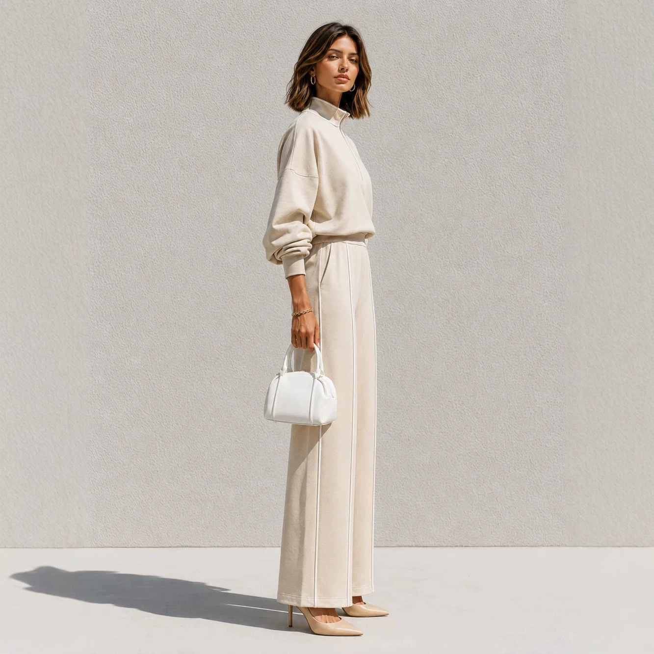 Women's Half-Zip Stand Collar Sweatshirt & High-Waist Wide-Leg Pants Set