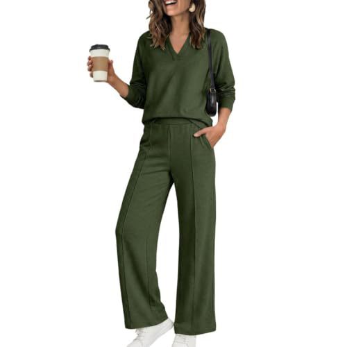 Women's Two-Piece V-Neck Shirt and Wide-Leg Pants Lounge Set