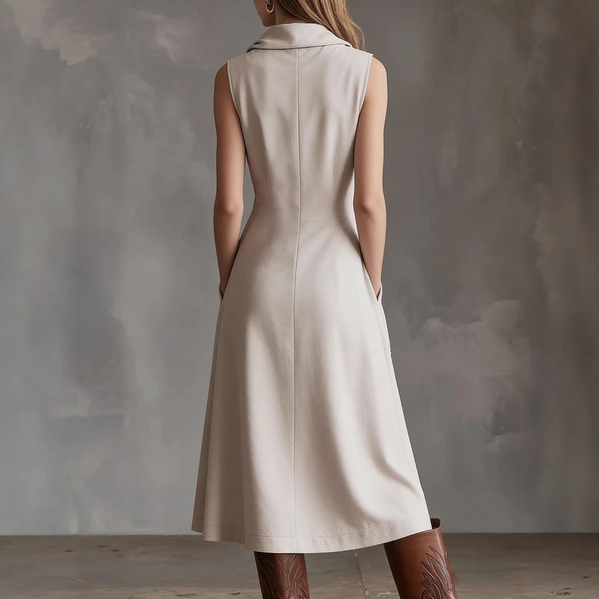 Women's Sleeveless A-Line Midi Dress with Oversized Collar
