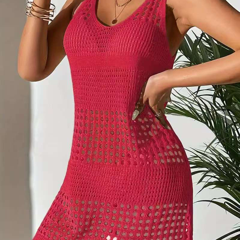 Women's Sheer Knit Cami Dress with Waist and Cutout Design