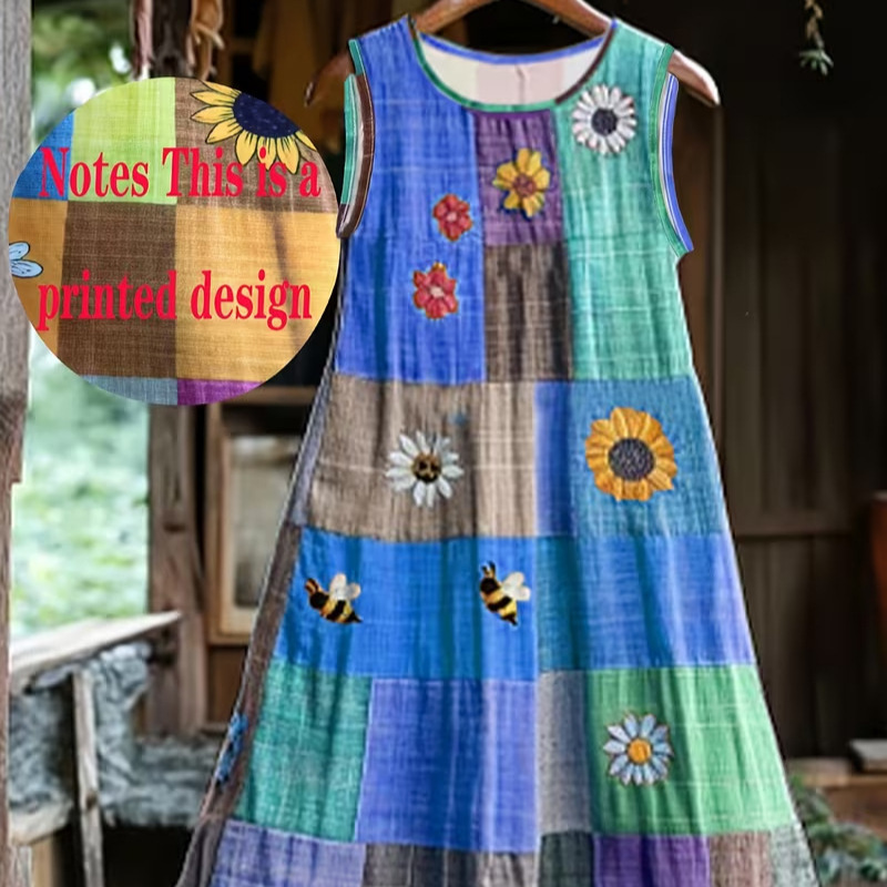 Women's Vintage Floral Plaid Sleeveless Midi Dress