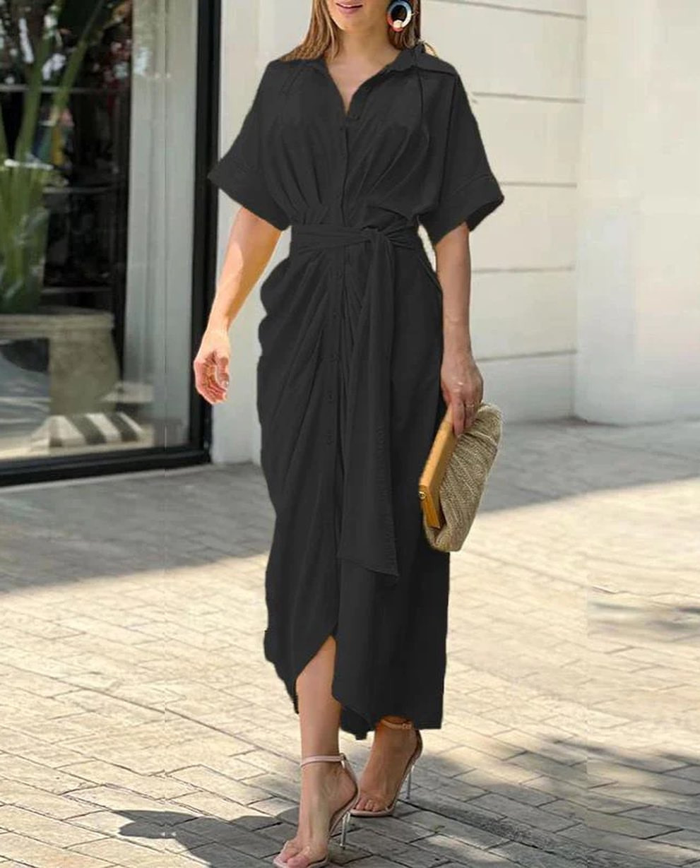Women's Collared Midi Shirt Dress Short Sleeve Button Front High Waist