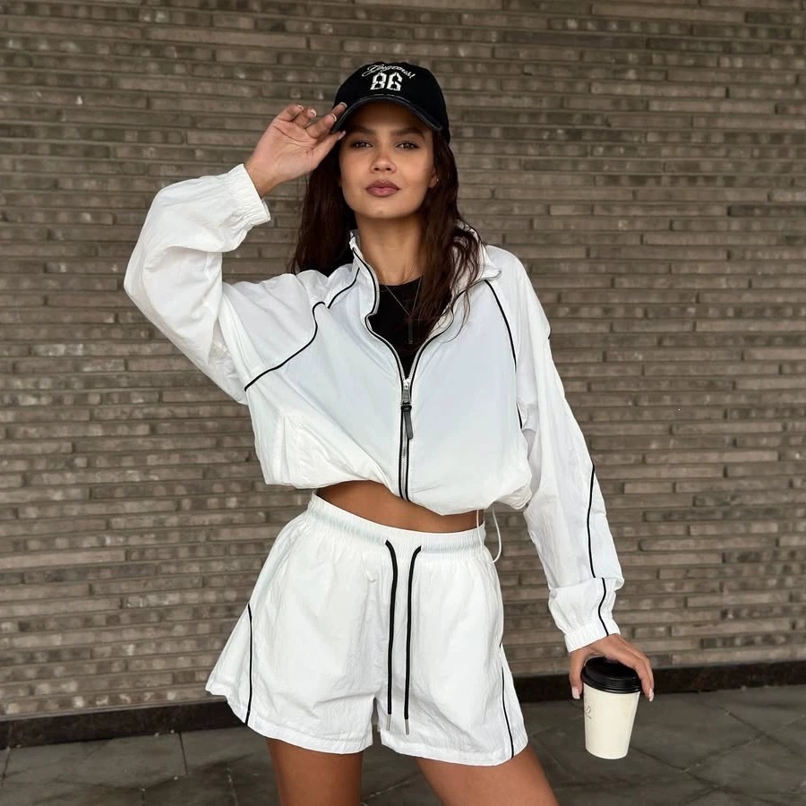 Retro Striped Long-Sleeve Zip Cardigan and Tie Shorts Two-Piece Set