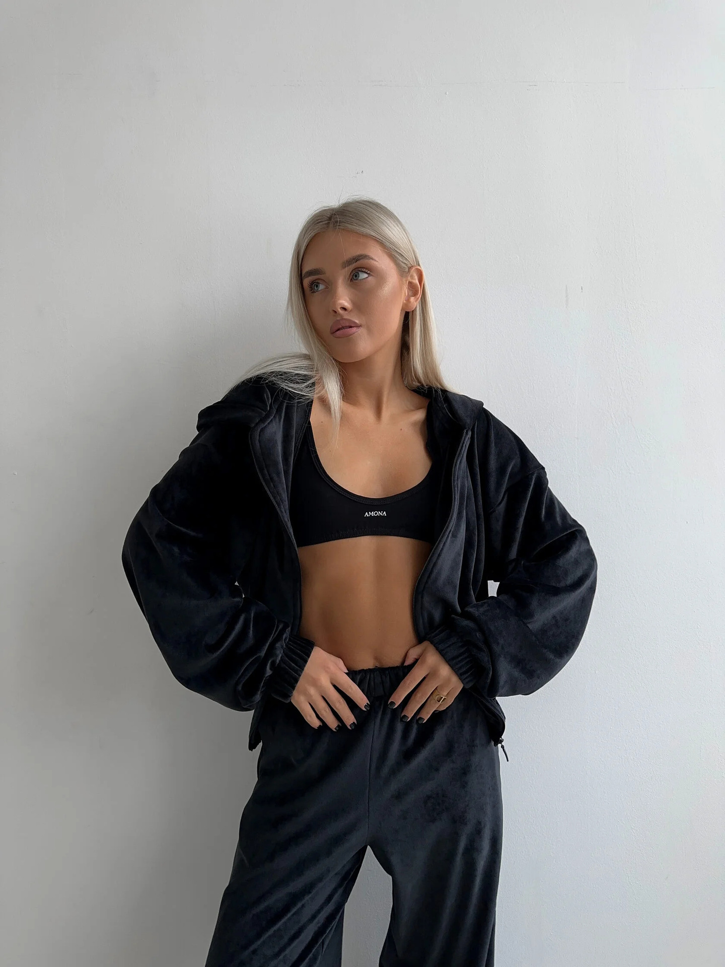 Velvet Hooded Cardigan & Straight-Leg Pants Two-Piece Set