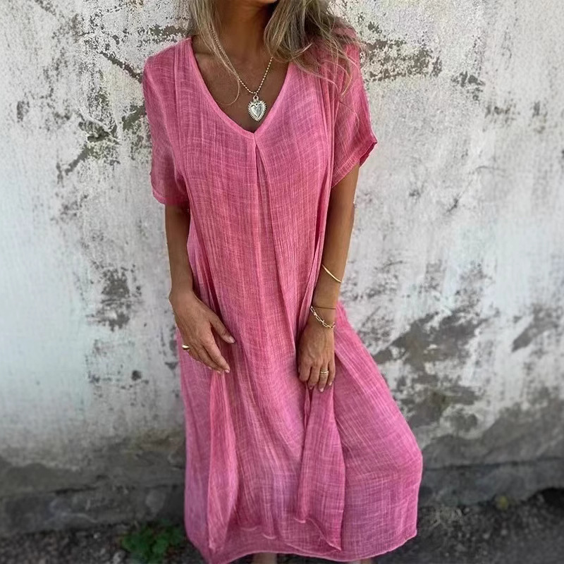 Cotton-Linen V-Neck Semi-Formal Dress