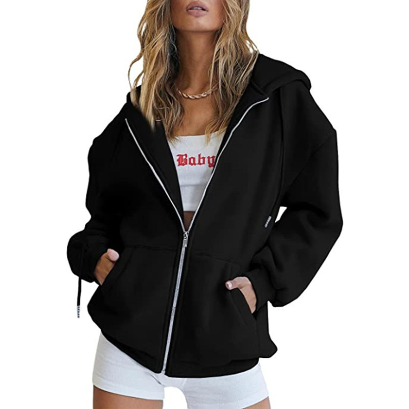 Women's Minimalist Solid Print Zip-Up Hoodie