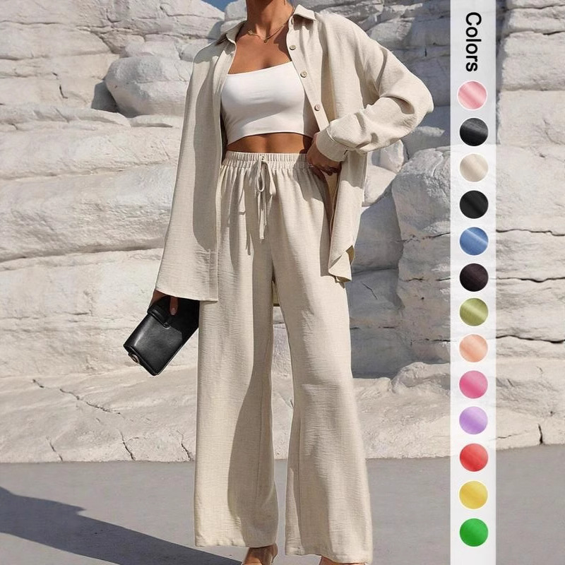 Women's Solid Color Long Cardigan & Pants Set Casual Elegant Shirt Two-Piece