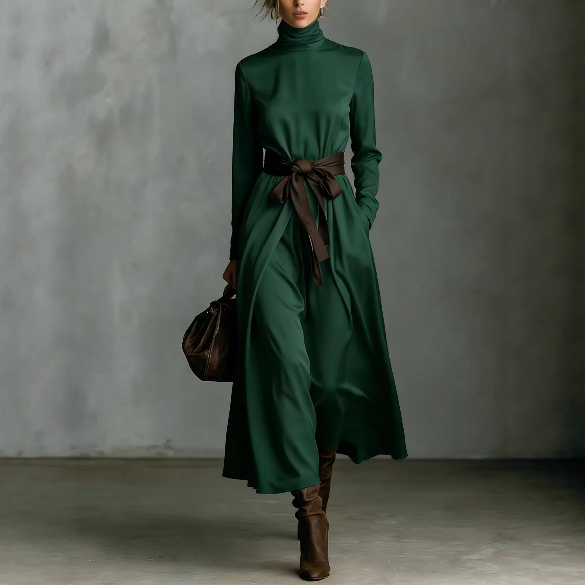Women's High Neck Long Sleeve Midi Dress with Contrast Belt
